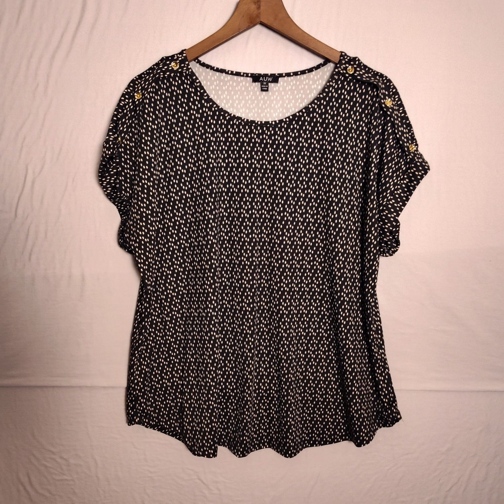 AUW Women 2X Black White Polka Dot Short Sleeve Blouse Gold Button Shoulder Top